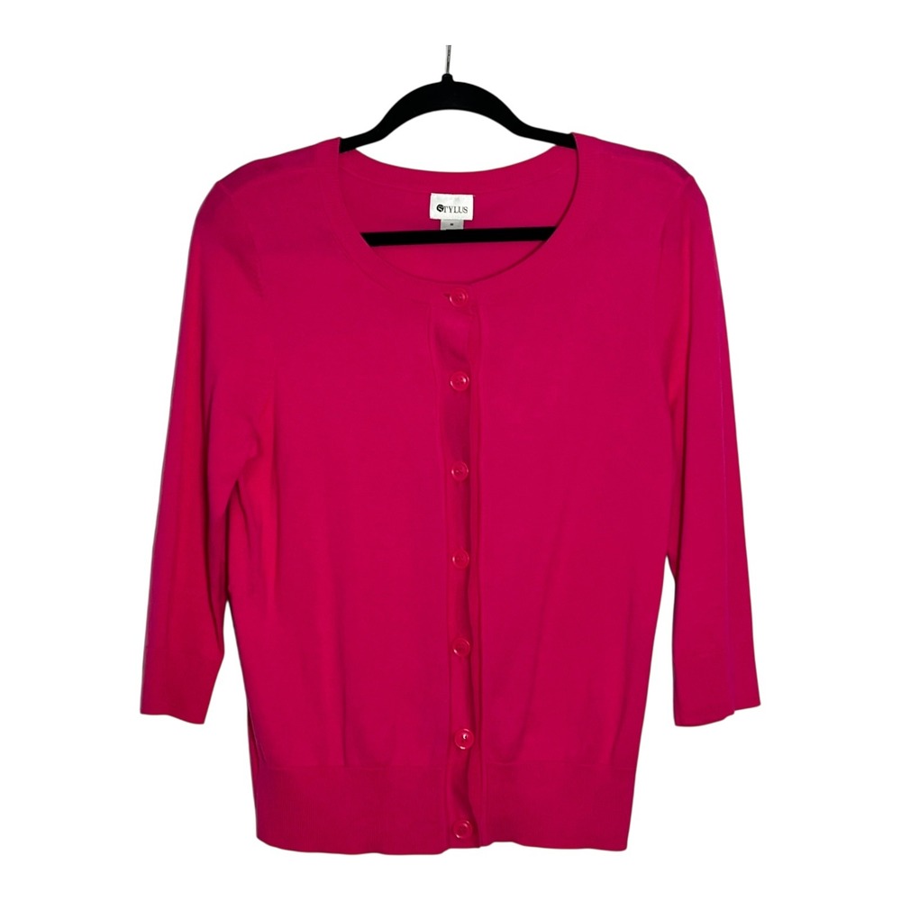 Stylus Womens Pink 3/4 Sleeve Button Front Crew Neck Cardigan‎ Sweater Size M